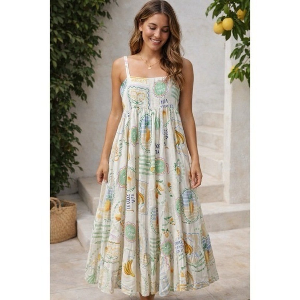 Paper Heart Dress M Fruit Print Maxi Linen Blend Italian Summer Sundress NWT